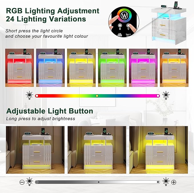 Nightstand with Wireless Charging Station, Bedroom Bedside Table with RGB Lights, Smart Night Stand with 2 Drawers, Bedside Tables Modern Bedside Table for Bedroom, Living Room(White)