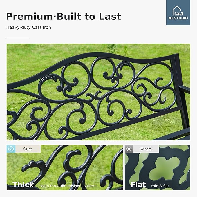 MFSTUDIO 50 Inches Outdoor Garden Bench, Cast Iron Metal Frame Patio Park Bench with Floral Pattern Backrest, Arch Legs for Porch Lawn Garden Yard(Black)