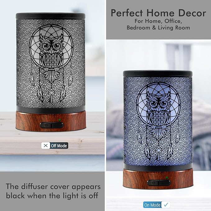 EQUSUPRO Essential Oil Diffuser 150ml Metal Aromatherapy Oil Diffuser Ultrasonic Cool Mist Diffuser with Auto Shut-Off Protection,7 Colors Changed LED for Home Office SPA Yoga (Owl)