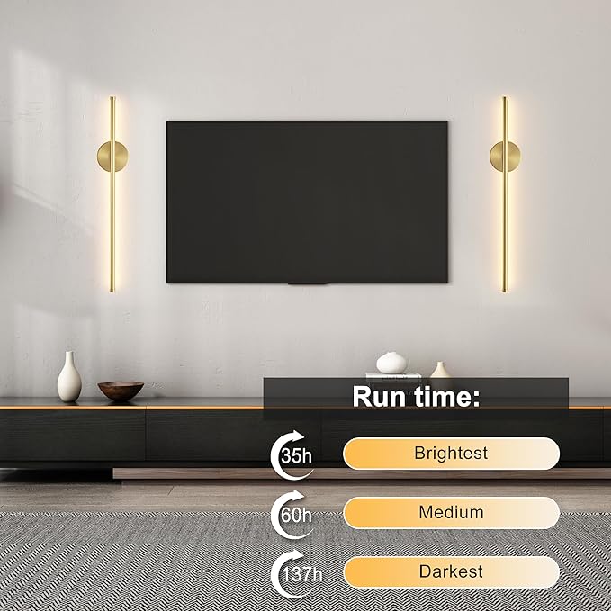 Battery Operated Modern Wall Sconces Set of Two,Rechargeable Wireless Wall Lights with Remote Control,Dimmable,3CCT,Timer,360°Rotation,Cordless Lighting for Bedroom,Living Room,Hallway,Brass,23.6 Inch