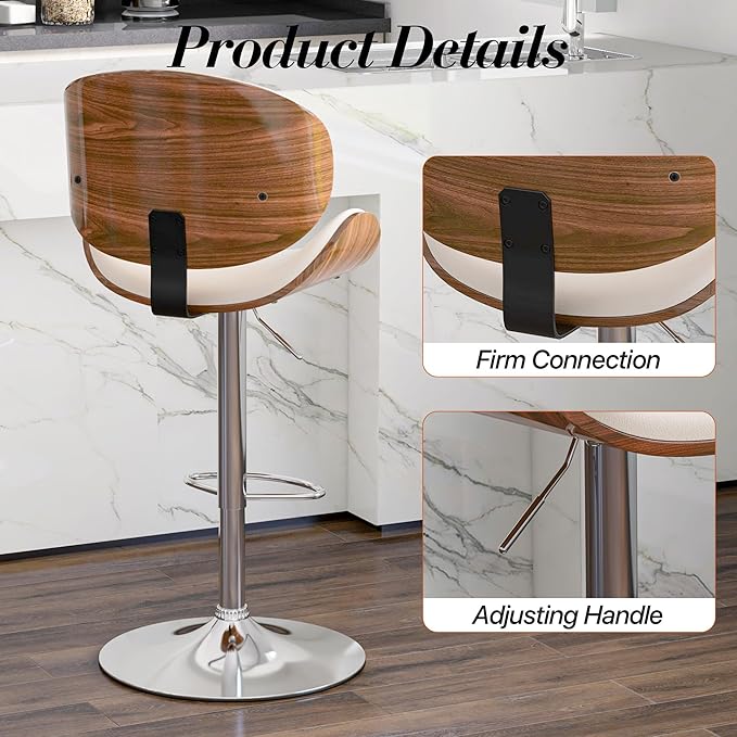 Adjustable Swivel Bar Stools Set of 2, Modern Bentwood Barstool with Large Metal Base and Footrest, PU Leather Upholstered Bar Chair with Curved Back for Kitchen Island Dining Room, White