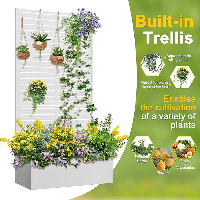 FENCY Metal Raised Garden Bed with Trellis, Metal Planter Box with Trellis, Garden Box for Climbing Plants Vegetable, 35" Lx16 Wx71 H Garden Bed with Drainage Holes(White-Louvered)