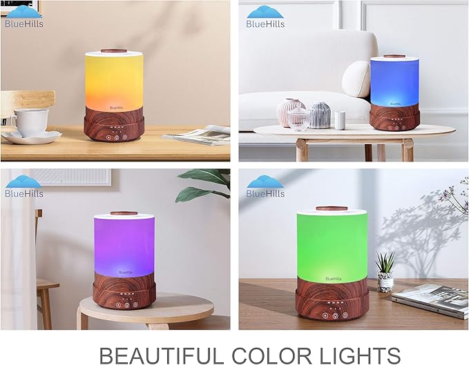 BlueHills Premium 2500 ML XL Essential Oil Diffusers - 30 Hr Run Aromatherapy Diffuser & Air Humidifier Mist for Large Room - 7 LED Colors Oil Diffuser Essential Oils for Home w/Auto Shut Off - F003