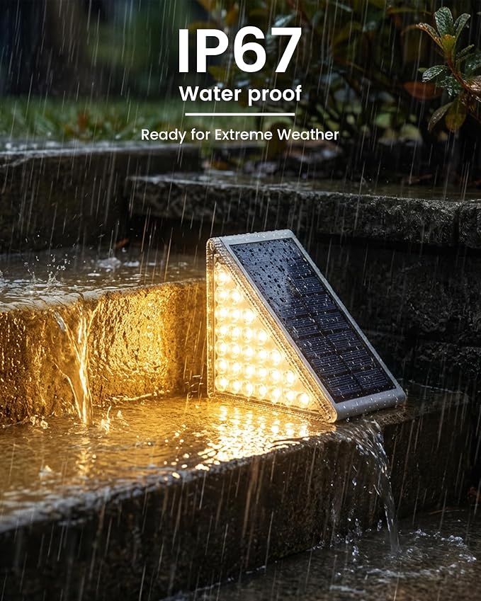 NIORSUN Outdoor Step Lights, Upgraded 28 LEDs 2 Brightness Modes, IP67 Waterproof Solar Stair Lights for Outside Steps, 1200mAh Battery Long Runtime Warm White for Patio Deck Yard Porch, 16 Pack