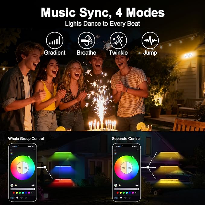 Linkable Flood Lights Outdoor 180W RGBCW Color Changing LED Floodlight APP & RF Control, 2700K-6500K Tunable White, 50 Modes Music Sync, Wall Washer for House, Yard, Christmas Party
