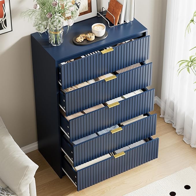Blue Dresser for Bedroom, Modern Dresser with 5 Drawers and Smooth Slides, Wide Chest of Drawers with Golden Handles for Bedroom, Living Room, Closet, 15.7" D x 31.5" W x 47.2" H