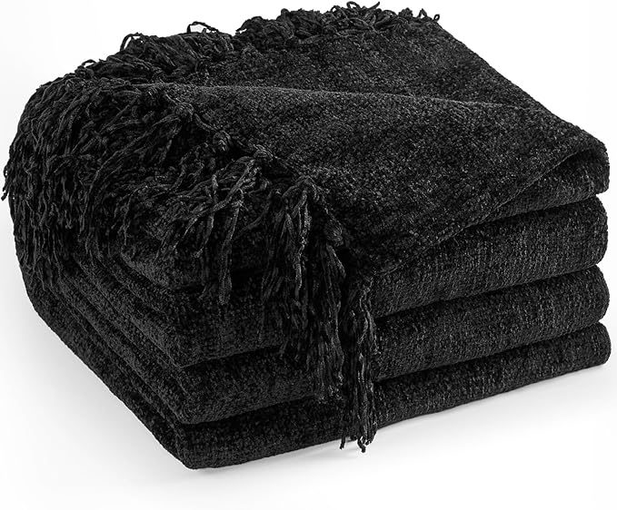 Chenille Throw Blanket for Couch 60"X 80" Twin, Soft Cozy Throws with Fringe Tassel for Bed Sofa Chair Cover, Lightweight Knitted Decorative Boho Blankets for Living Room, Black