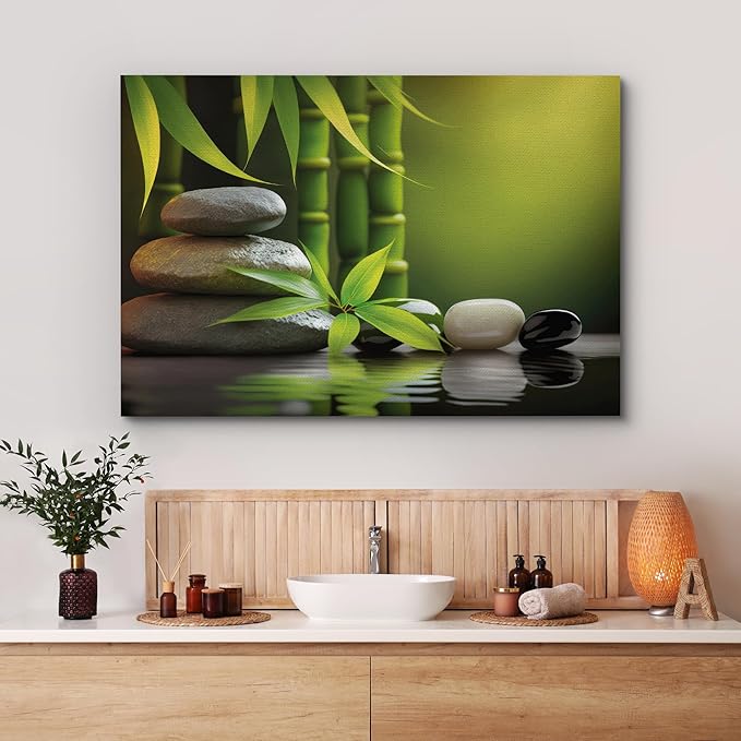 wall26 Canvas Print Wall Art Massage Stone Bamboo Leaf Nature Wilderness Photography Realism Modern Art Decorative Multicolor Rustic Minimal Relax/Calm/Cozy Colorful for Bedroom - 16"x24"