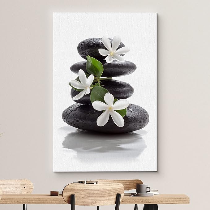 wall26 Canvas Print Wall Art Zen Dark Basalt Stones with Magnolia Blossoms Nature Floral Photography Realism Rustic Colorful Multicolor Ultra for Living Room, Bedroom, Office - 16"x24"