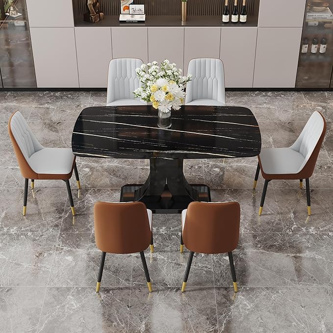Modern Dining Table Set for 6, Marble Kitchen Table Chair Set for 6, Rectangular Kitchen Table with 6 Pu Leather Upholstered Chair for Dining Room
