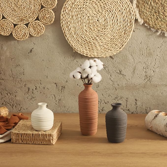 Ceramic Vase Set of 3 Neutral Decorative Vase for Farmhouse, Boho, or Rustic Home Decor Pottery Vases for Pampas Grass Living Room Bedroom Table Mantel Entryway Shelf (01-Brown)