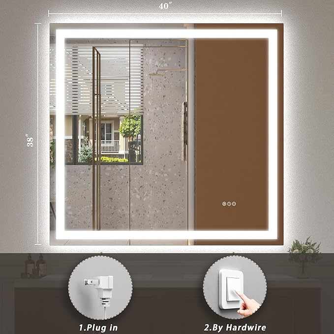 40 x 38 LED Bathroom Mirror for Vanity, Rectangle Lighted Vanity Mirrors with Lights, Dimmable, Anti-Fog, Shatter-Proof, ETL Listed (Front Lighted + Backlit)