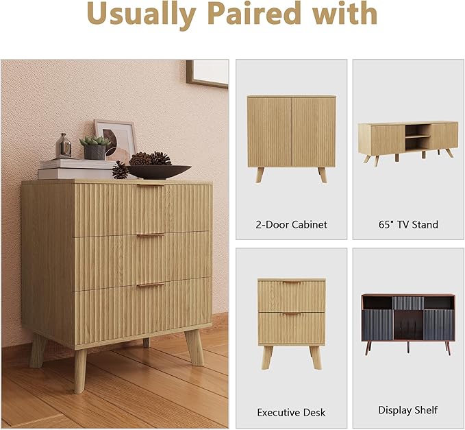 Fluted 3 Drawer Dressers, Modern Closet Dressers Chest of Drawers, Wood Storage Dresser Chest of Drawers Organizer for Bedroom Living Room Hallway Closet,Natural, 2 Sets