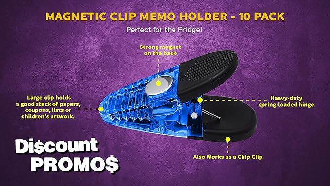 10 Magnetic Memo Holders Set - Customizable Text, Logo - Large Clip, Plastic - TBlue