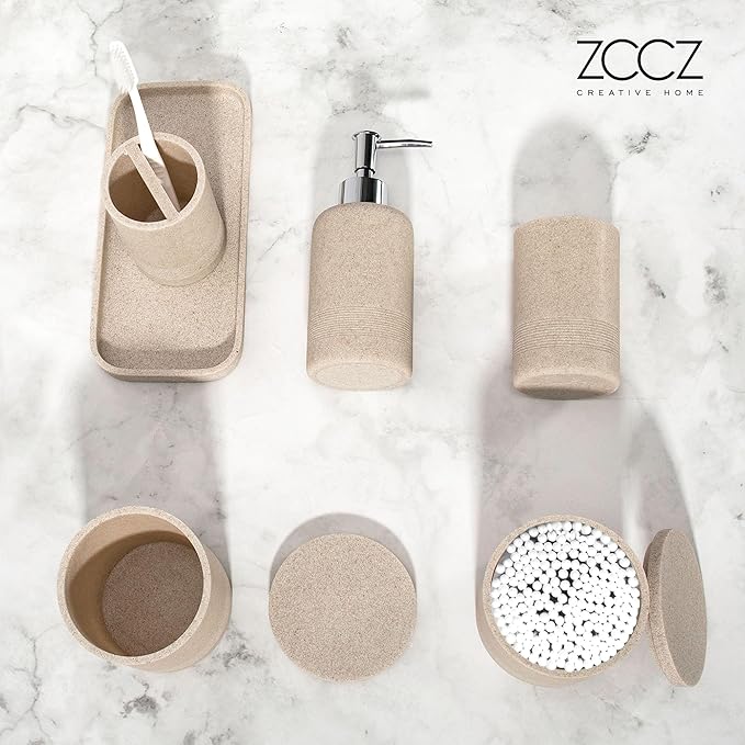 ZCCZ Beige Bathroom Accessories Set 6 Pieces - Toothbrush Holder, Lotion Dispenser, Qtip Container, Vanity Tray, Tumbler - Countertop Organizer for Bathrooms - Elegant and Functional Décor Set
