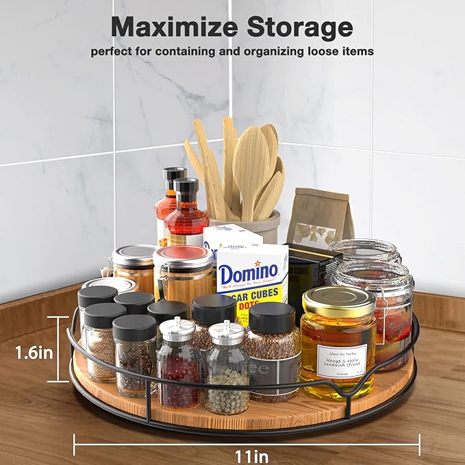 Lazy Susan Turntable Organizer for Cabinet Pantry Kitchen Countertop Refrigerator Cupboard, Pine Wood (Carbonized Black, 12“)
