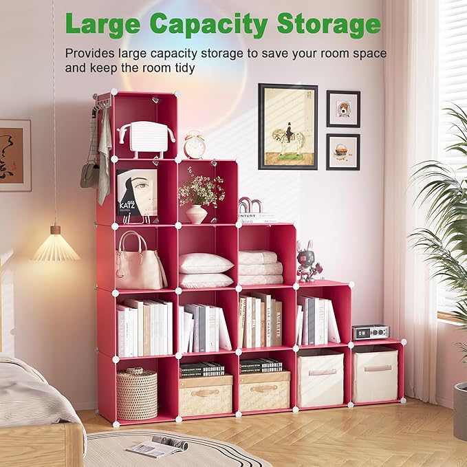 C&AHOME Cube Storage Organizer, 16-Cube Shelves Units, Plastic Storage Cubes, DIY Closet Organizer, Modular Closet Storage Shelves Ideal for Home, Bedroom, 48.4" L × 12.4" W × 48.4" H Red UPCS16R