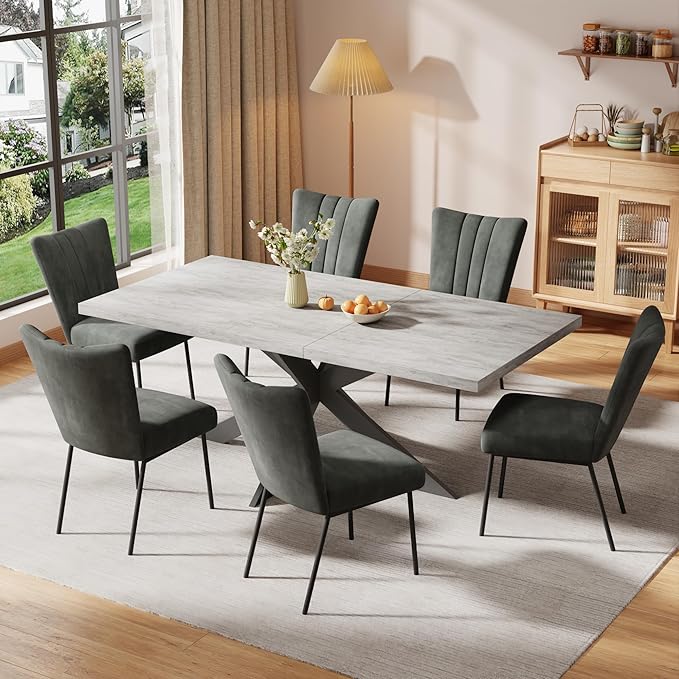 ZckyCine 6-Piece Extendable Dining Table Set, Modern 63''–79'' Grey Wood Table with 6 Grey Fabric Chairs, Dining Room Table and Chairs for 6, Ideal for Kitchen or Dining Room