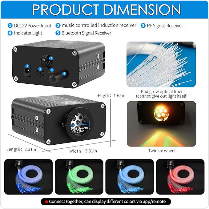 Starlight Headliner Kit Mixed 500pcs 9.8ft/3m, 16W Twinkle + Sound Activated Small Size Fiber Optic Star Lights for Car Roof Use with Bluetooth APP/Remote Control