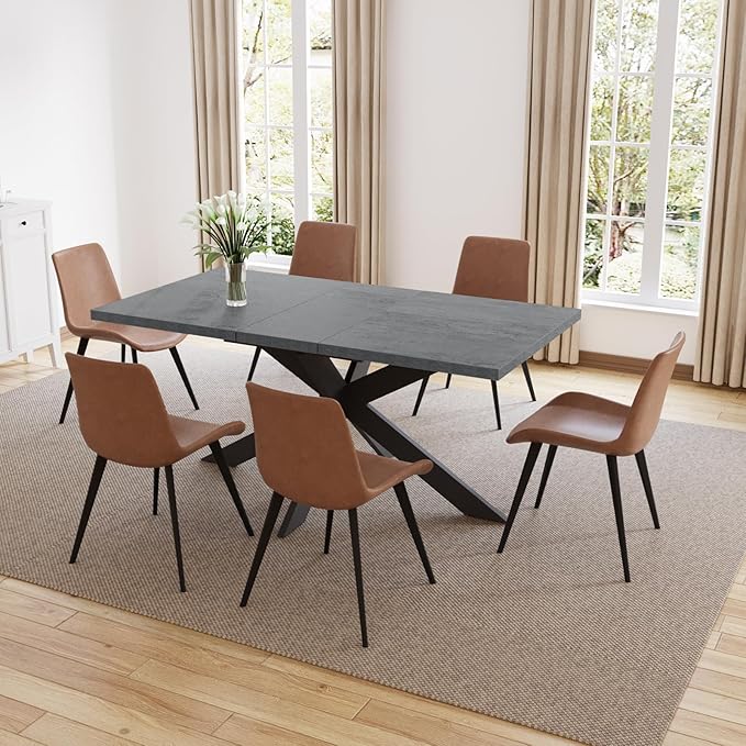 ZckyCine 7-Piece Dining Table Set, 6-Person Modern Rectangular Wooden Expandable Dining Table and 6-Person Leather Dining Chairs, 6-Person Kitchen Table and Chairs, Perfect for Kitchen Dining