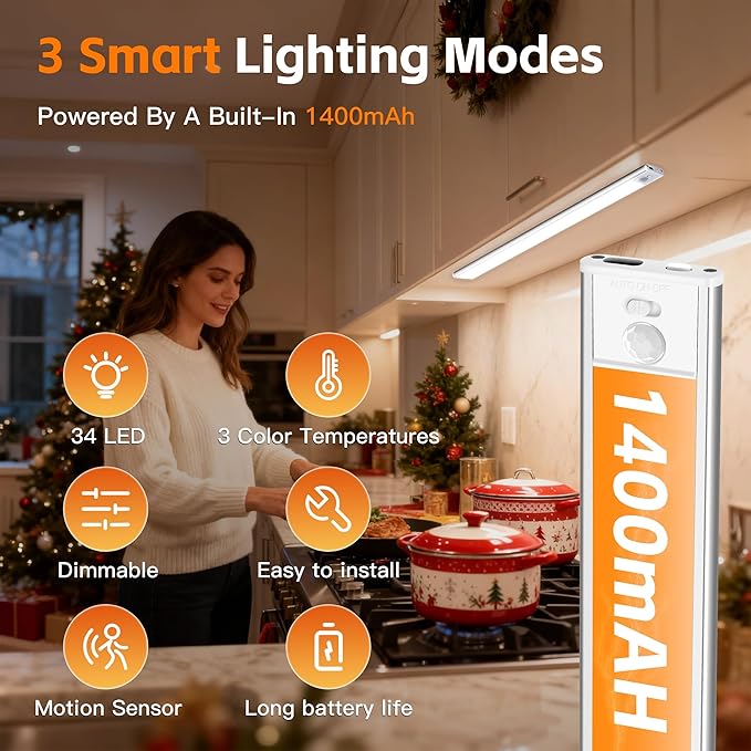 7.9inch Motion Sensor Cabinet Lights, 1400mAh 34 LED Beads, USB-C Charging, 3 Color Temperatures, for Long Lasting Durability Easy to Install, Magnetic Under Cabinet Lights for Kitchen (2 Pack)