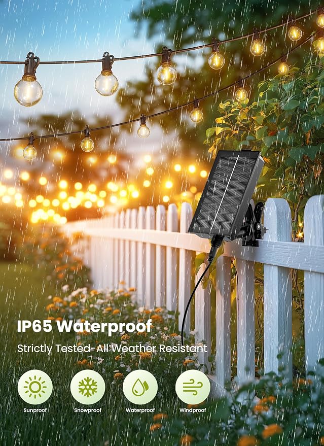 Brightown 58FT Solar String Lights Outdoor with Remote Cable Ties Hooks, 17 LED Shatterproof Bulbs, 3 Light Modes, Dimmer & Timer, Commercial Grade Patio Lights for Yard Balcony Pergola Party Decor