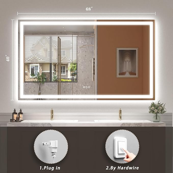 68x40 LED Lighted Mirror for Bathroom Wall Mounted, Dimmable Vanity Mirror with Lights, Anti-Fog, ETL Listed (Backlit and Front Lighted)