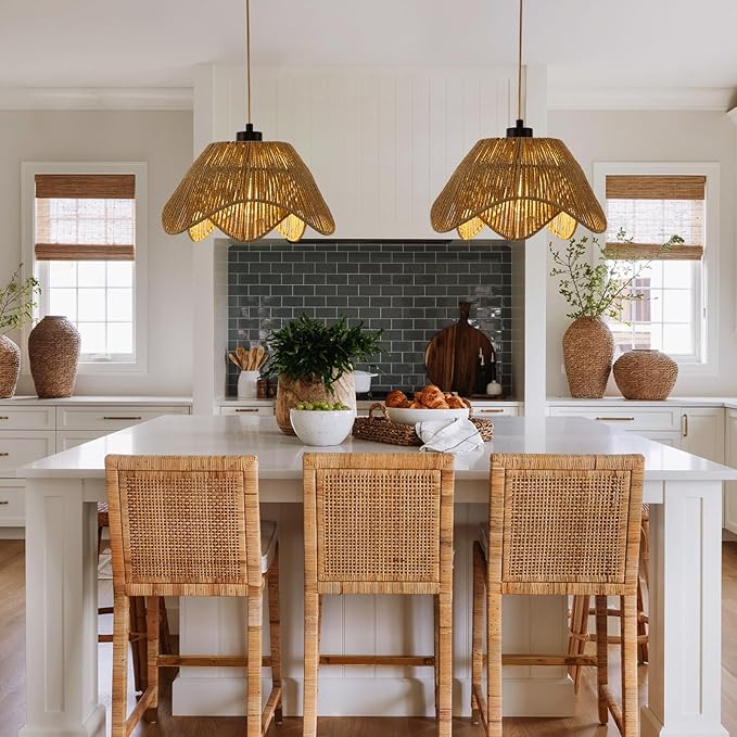 Plug in Pendant Light, Boho Rattan Hanging Lights with Plug in Cord,Rustic Hand Woven Wicker Hanging Lamp with On/Off Switch, Adjustable Plug in Ceiling Light for Kitchen Bedroom Living Room