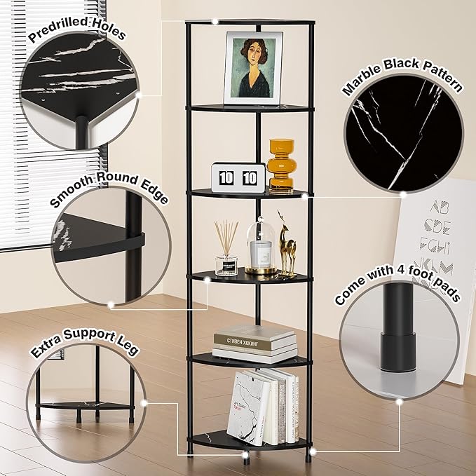 Book Shelf Corner Shelf, 6 Tier Corner Bookshelf Display for Living Room Decor, 54.4" Standing Shelves Bookcase Organizer, Marble Black Storage Shelves for Bedroom, Bathroom, Small Space