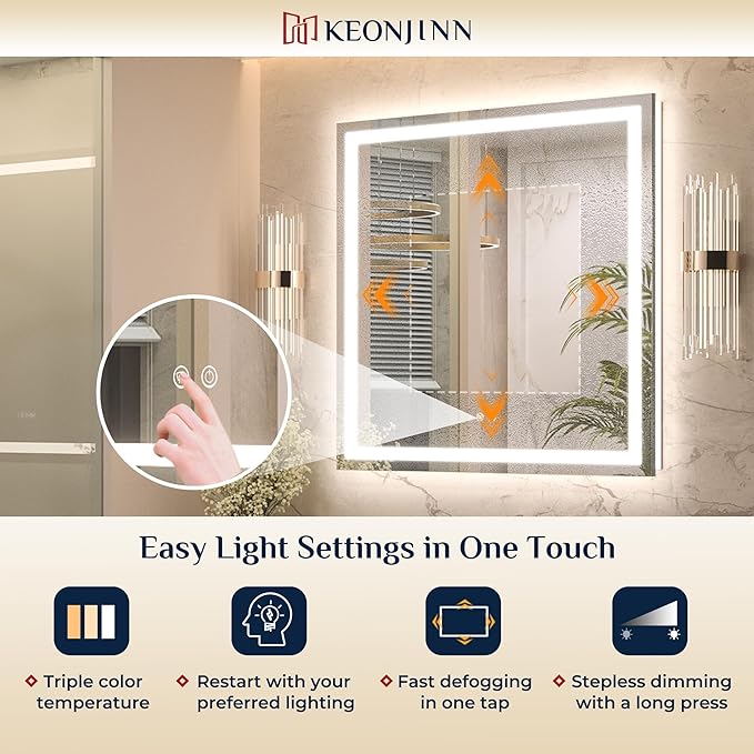 Keonjinn 96 ” x 36 ” Lighted Mirror for Bathroom Wall, LED Mirror with Frontlit & Backlit, Large Bathroom Mirror with Lights, Dimmable 3-Color Lights, HD Tempered Glass, UL-Listed LED Driver