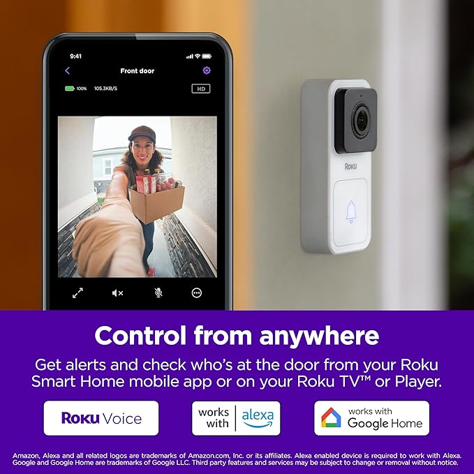Roku Smart Home Wired Video Doorbell & Chime - 1080p HD Night Vision Ultrawide View Doorbell Camera with Motion & Sound Detection, 2-Way Audio & Works with Alexa & Google, 90-Day Subscription Included
