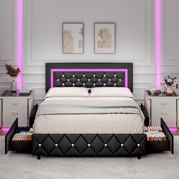 BarnFurin Full Size Bed Frame with LED Lights, Upholstered Bed Frame with Storage Drawers, Modern Platform Bed with Diamond Headboard and Footboard, No Box Spring Needed, Black