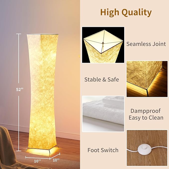chiphy Floor Lamp, Dimmable 52" (M) Tall Standing Lamp, 3 Levels Adjustable Brightness 12Wx2 LED Bulbs, Column Floor Light w/White Fabric Shade, Home Decor for Living Room, Bedroom