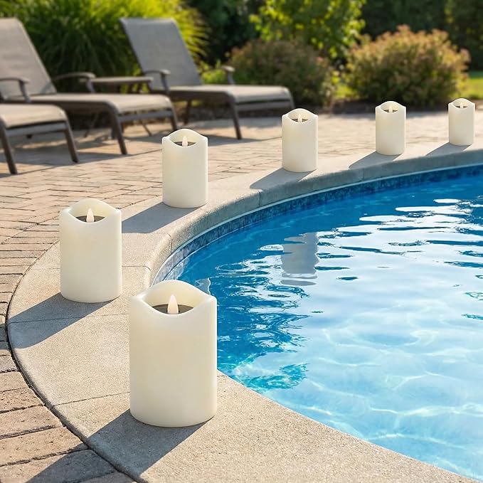 Livinlarge 4 Pack Outdoor Solar Powered Candles, 3"x4" Rechargeable Dusk to Dawn Lighting, Flameless Flickering Pillar LED Votive Candle, IP65 Waterproof for Patio Yard Deck Window Table Decor