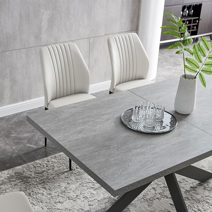 ZckyCine 6-8 Person Modern Rectangular Dining Table Set, 51-67 Inch Expandable Space-Saving Metal Frame Dining Table with Gray Table and 6 Black Chairs for Kitchen or Dining Room