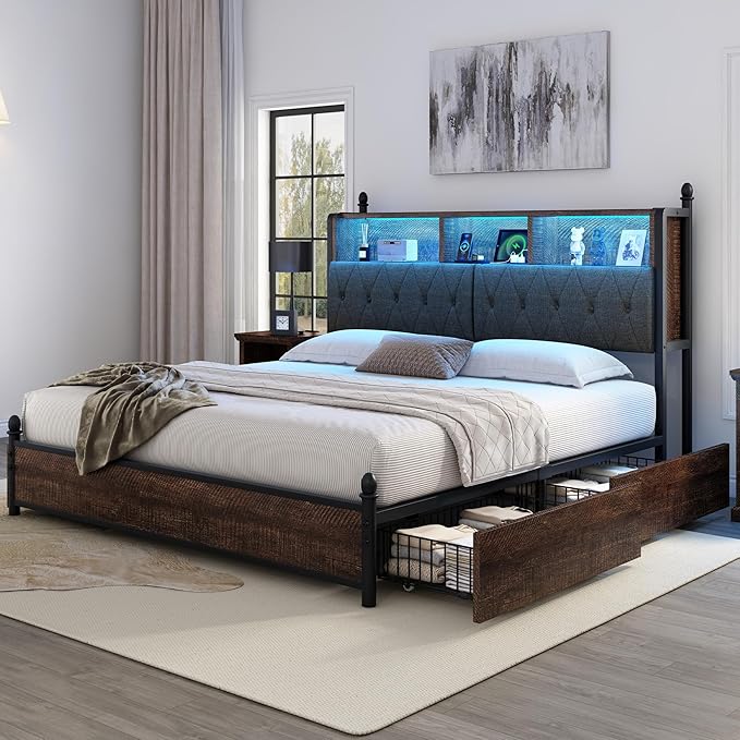 AMERLIFE King Size Bed Frame with Bookcase Headboard, 4 Storage Drawers, Wooden Platform Bed with Charging Station & LED Light, No Box Spring Needed, Noise-Free, Rustic Brown