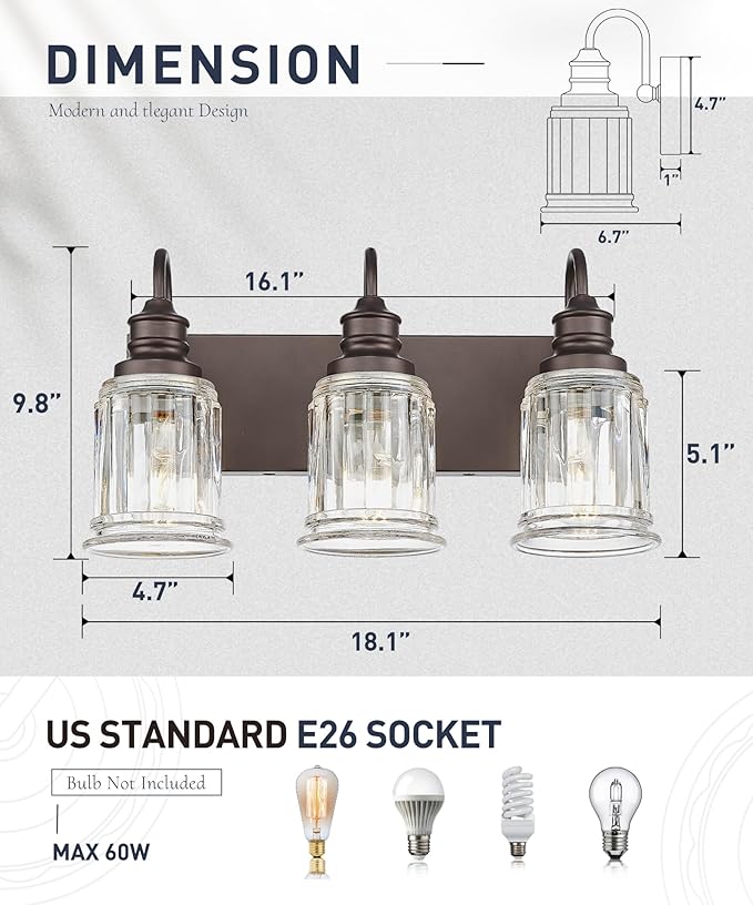 3 Light Bathroom Vanity Light - HWH Bathroom Lights Over Mirror Farmhouse Vanity Sconce Wall Lighting with Bell-Shaped Clear Glass, Oil-Rubbed Bronze Finish, 5HZG106B-3W ORB