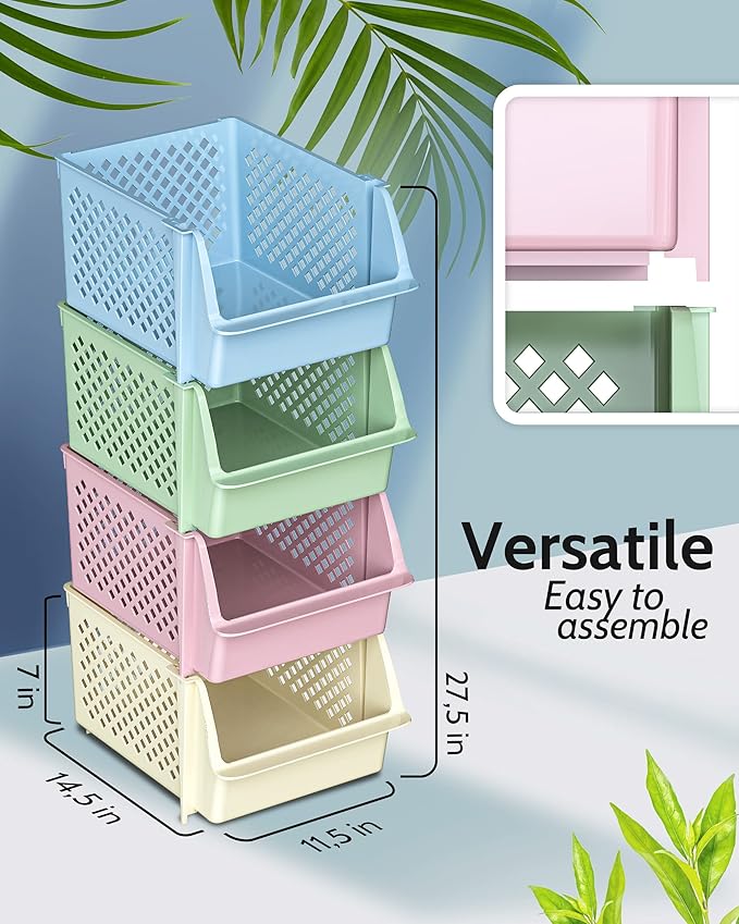 TidyFriend Stackable Storage Bins for Pantry, 4 Pack Stackable Bins For Organizing Food, Kitchen, and Bathroom Essentials (Multi)
