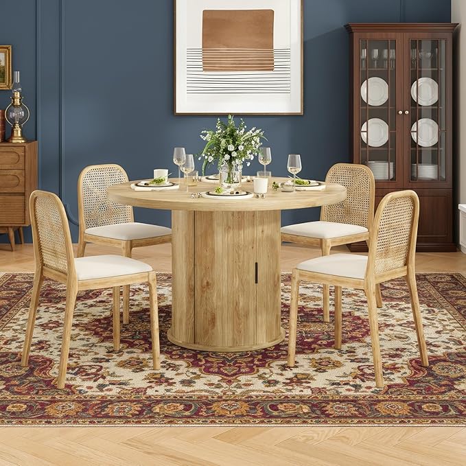 Farini 43" Round Dining Table for 4-6 with Storage Space,Modern Kitchen Room Table with Wood Top & Sturdy Metal Base,Natural