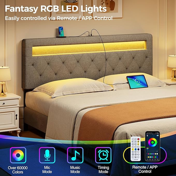 GREENSTELL Headboard for Queen Size Bed with 60,000 DIY Color of LED Light, USB & Type C Post, Upholstered, Height Adjustable, Sturdy, Easy Assembly, Wall Mounted Head Boards Only, Gray