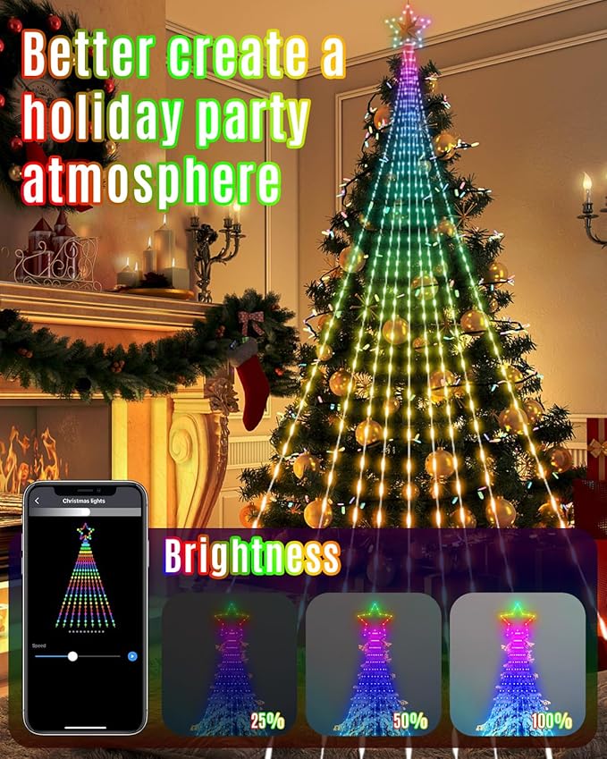 Outdoor Christmas Decorations Lights with Star, Smart DIY Custom Display 11.8Ft 100 Modes Yard Waterfall Tree String Lights, App Control 344LED RGB Color Changing Music Timer for Xmas Tree Lawn Decor
