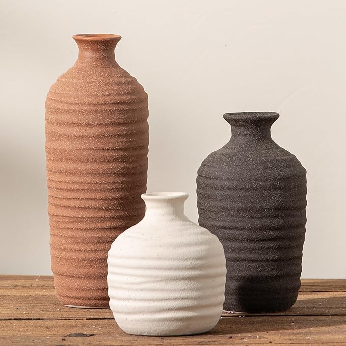 Ceramic Vase Set of 3 Neutral Decorative Vase for Farmhouse, Boho, or Rustic Home Decor Pottery Vases for Pampas Grass Living Room Bedroom Table Mantel Entryway Shelf (01-Brown)