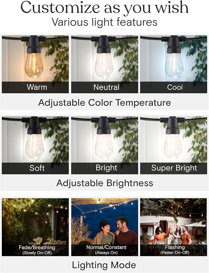 Brightech Ambience Pro 27-Ft Solar String Lights for Outside - Super Bright Remote Control Color Adjustable Outdoor String Light - Commercial Grade String, Waterproof LED for Patios, Camping, 12 Bulbs