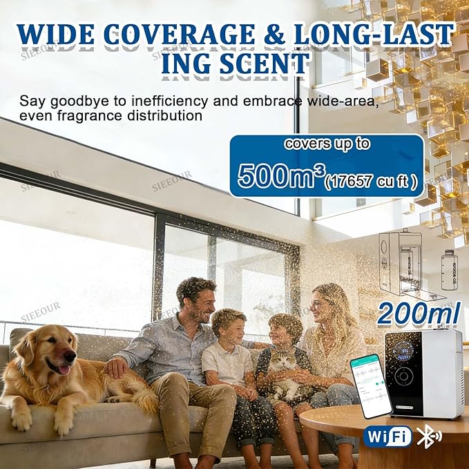 Commercial Fragrance Diffuser, HVAC Aroma Compatible, Smart Air Diffuser 17657 Cu Ft, Waterless Essential Oil Diffuser, 6.76 Oz, WiFi Bluetooth App Controlled Silent for Hotel Spa(Black)