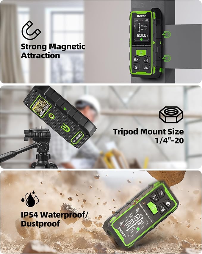 Huepar Professional Dual Laser Measuring Tool 393ft, Rechargeable Bilateral Laser Measurement Tool, Digital Laser Room Measure Devices, Metro Laser Measurement Tool with Angle Sensor, Magnetic Back