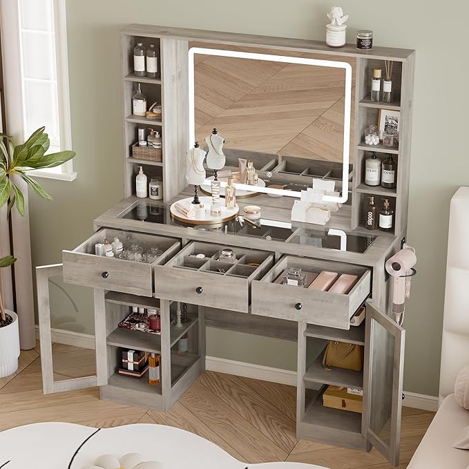 Makeup Vanity Desk with Mirror and Lights, 43" Grey Vanity with Glass Top, Jewelry Storage, 3 Drawers & Glass Cabinets, Power Outlet & Adjustable LED Lights, Dressing Table for Women & Girls Bedroom