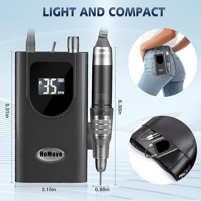 Professional Nail Drill Machine, HoMove 35000RPM Portable Nail Drills, Rechargeable Efile Nails Drill, Low Heat Electric Nail File for Acrylic Gel Nails（Grey）