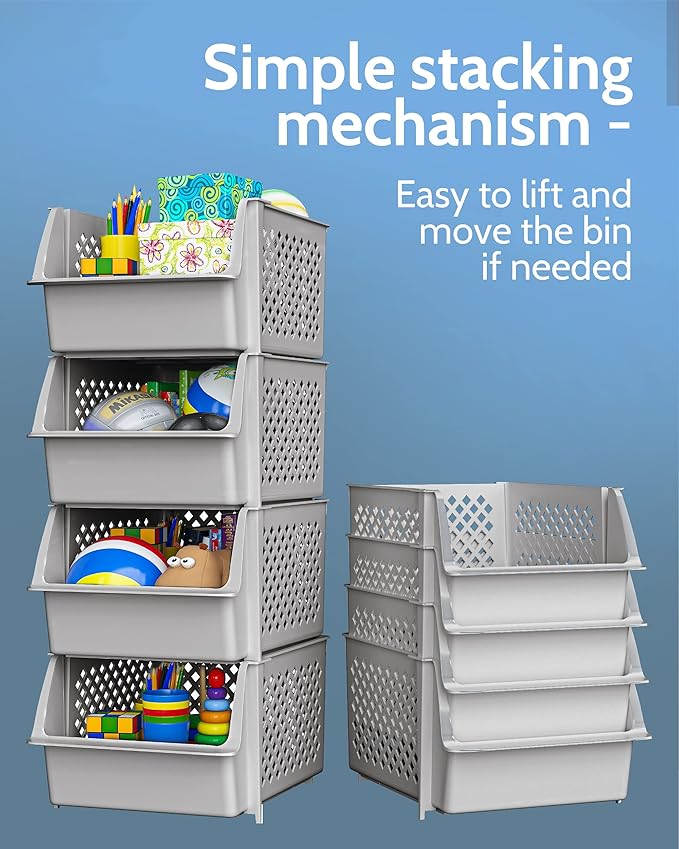 TidyFriend Stackable Storage Bins for Pantry, 4 Pack Stackable Bins For Organizing Food, Kitchen, and Bathroom Essentials (Light Grey)