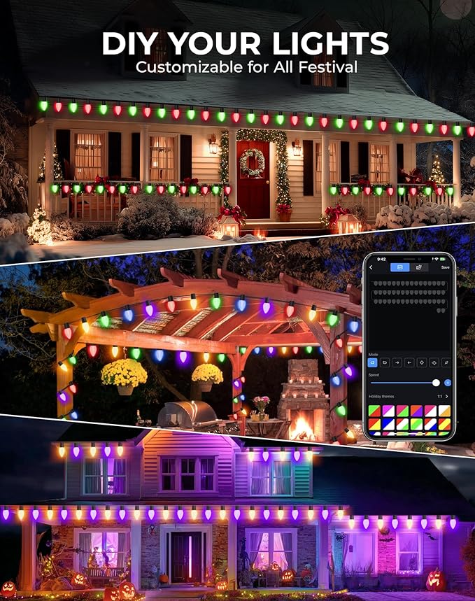 Patriotic Decorations - Smart C9 Christmas Lights Outdoor RGB, 66Ft 100 LEDs Dynamic 4th of July Decorations DIY Chasing Effects APP Remote Controlled, Waterproof, Music Sync Lights for Roofline Fence