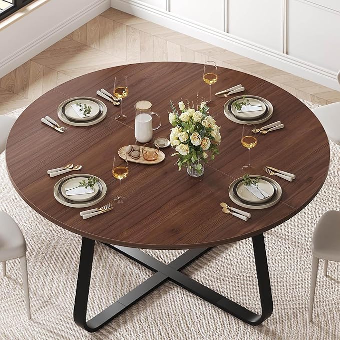 LVB Round Dining Table, Modern Wood Metal Kitchen Tables, Industrial Small Dinner Room Table for 4 to 6 People, Circle Coffee Dining Room Tables for Home Kitchen Living Room, Walnut, 51 Inch